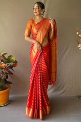 Breathtaking Red Soft Banarasi Silk Saree With Enamoring Blouse Piece