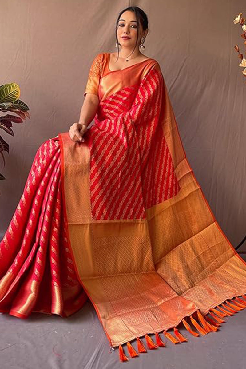 Breathtaking Red Soft Banarasi Silk Saree With Enamoring Blouse Piece