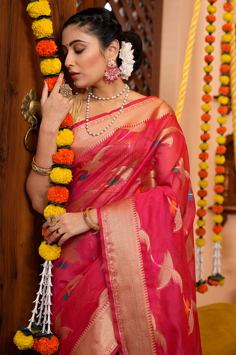 Eye-catching Dark Pink Organza Silk Saree With Beautiful Blouse Piece