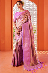 Glowing Pink Kanjivaram Silk Saree With Alluring Blouse Piece