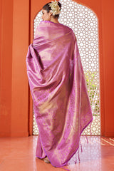 Glowing Pink Kanjivaram Silk Saree With Alluring Blouse Piece