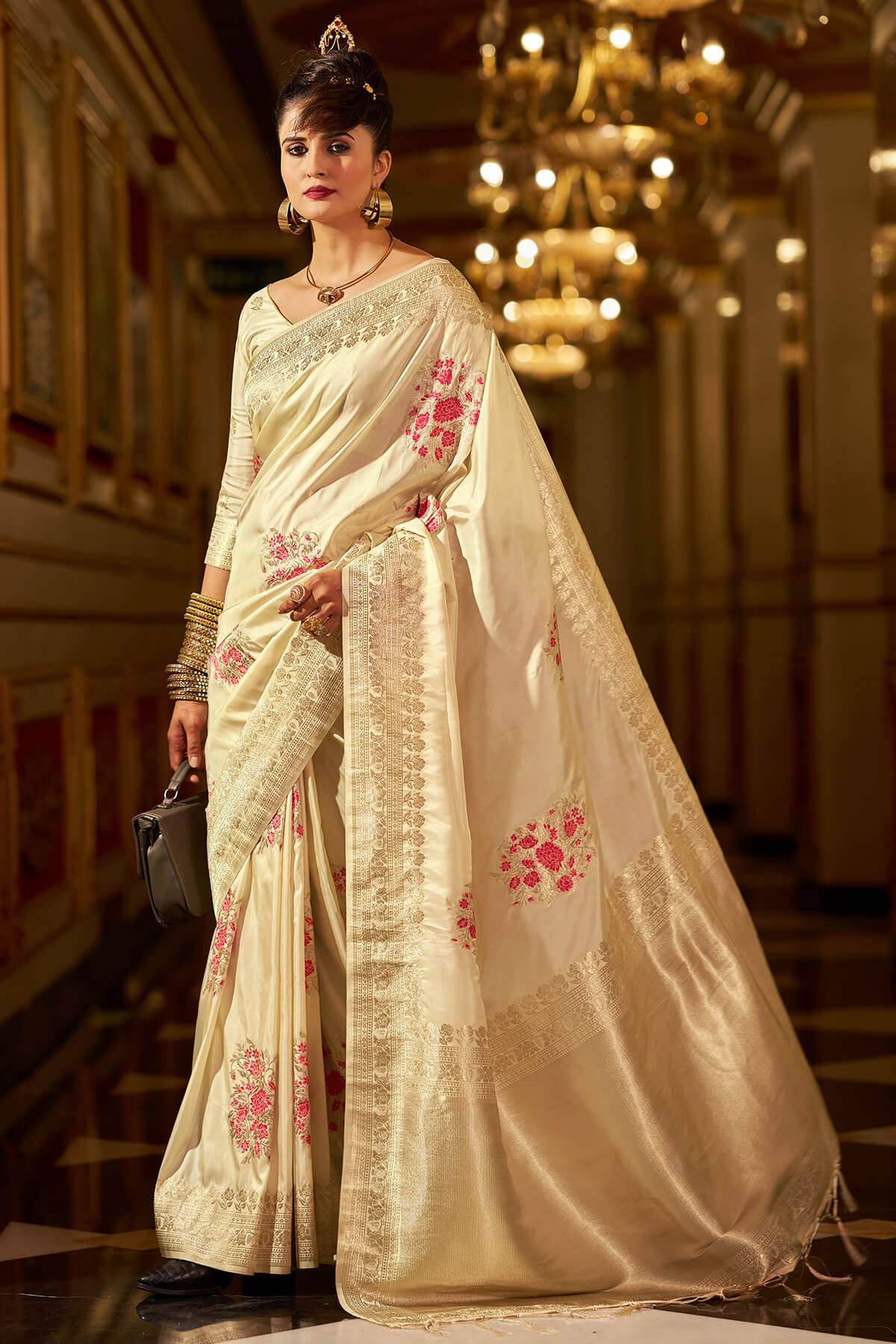 Demesne Beige Pure Zari Weaving Banarasi Silk Saree With Scintillating Blouse Piece