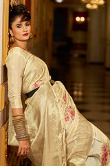 Demesne Beige Pure Zari Weaving Banarasi Silk Saree With Scintillating Blouse Piece