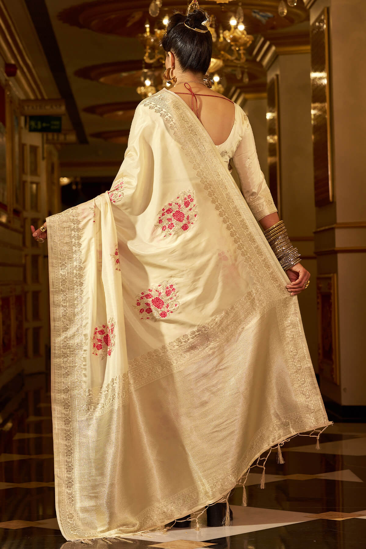 Demesne Beige Pure Zari Weaving Banarasi Silk Saree With Scintillating Blouse Piece