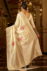 Demesne Beige Pure Zari Weaving Banarasi Silk Saree With Scintillating Blouse Piece