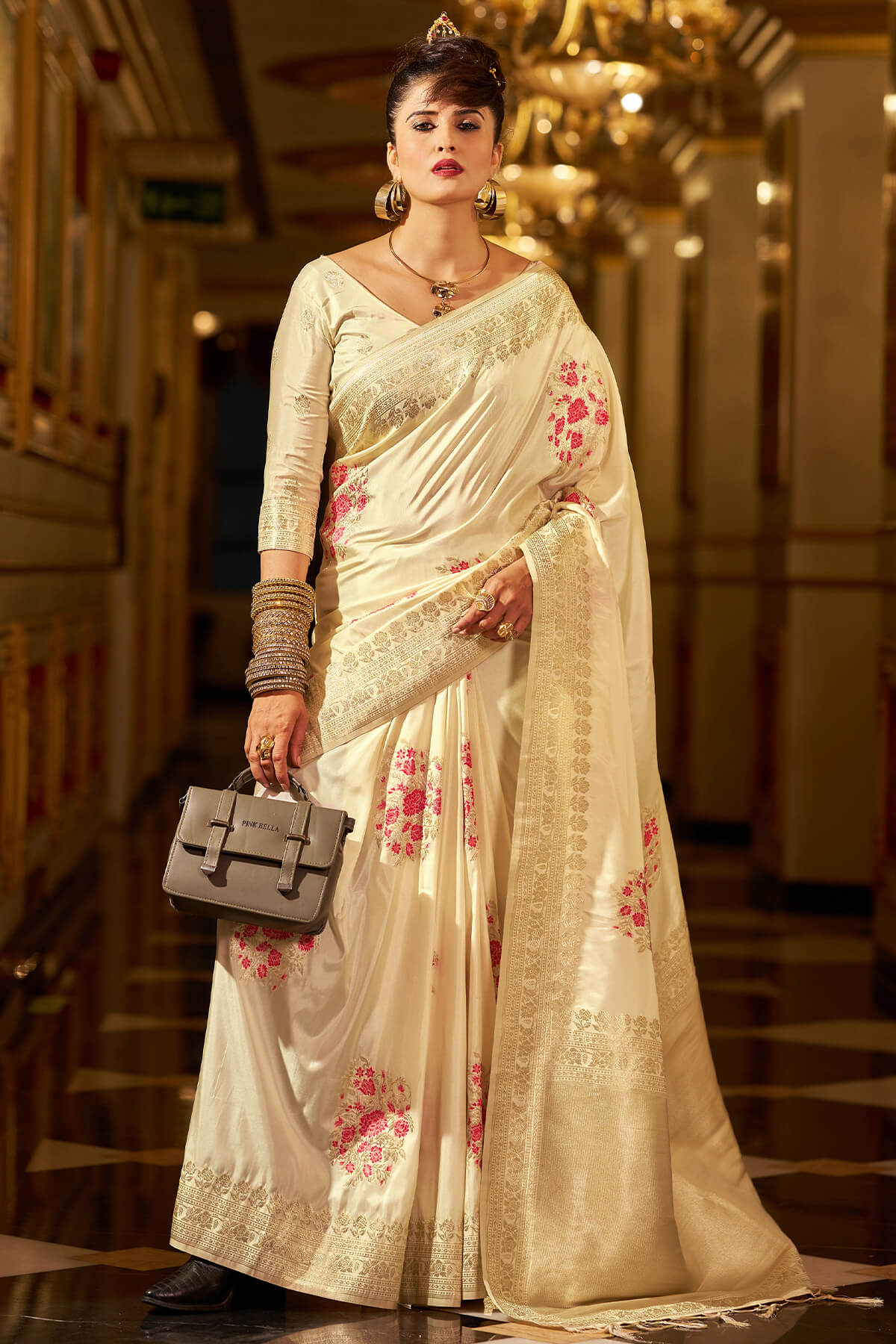 Demesne Beige Pure Zari Weaving Banarasi Silk Saree With Scintillating Blouse Piece