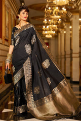 Susurrous Black Pure Zari Weaving Banarasi Silk Saree With Lassitude Blouse Piece