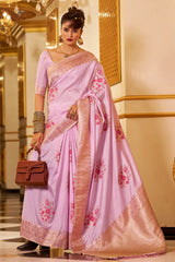 Classy Lavender Pure Zari Weaving Banarasi Silk Saree With Bewitching Blouse Piece