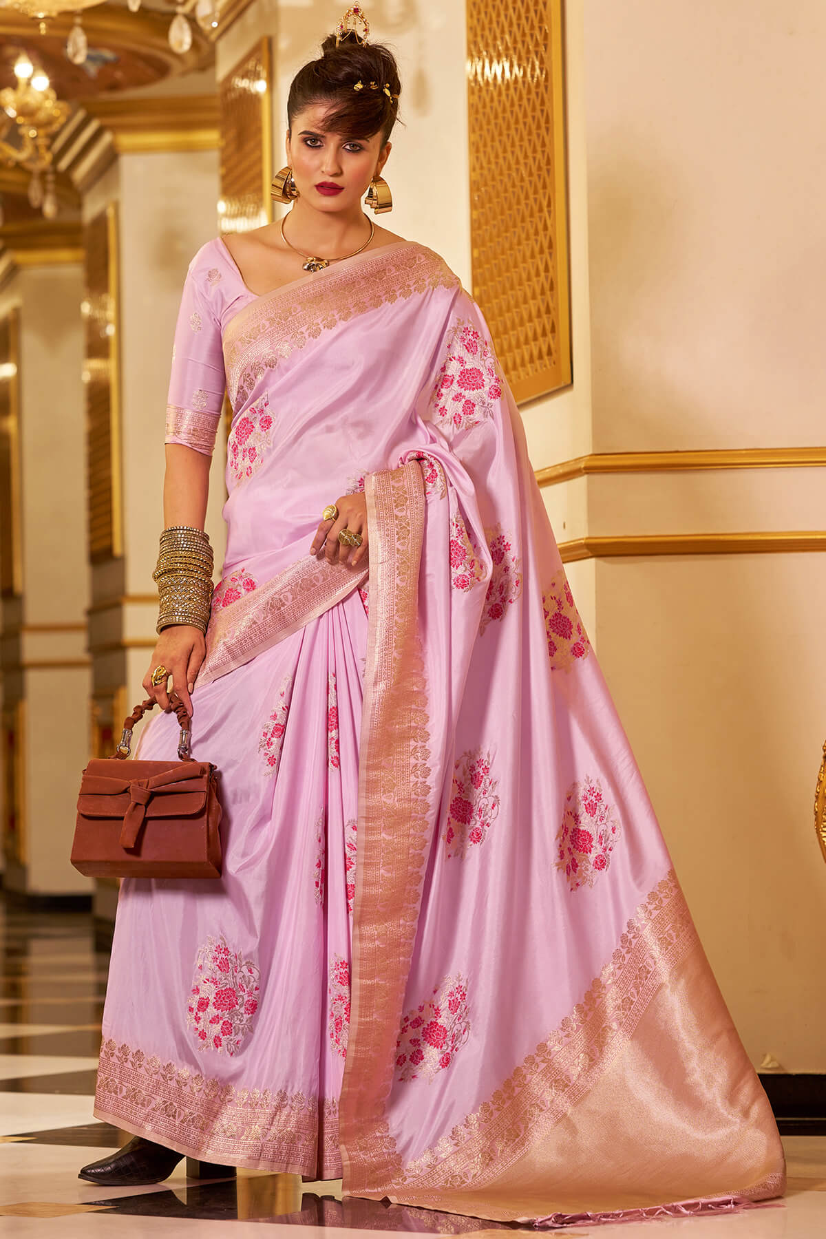 Classy Lavender Pure Zari Weaving Banarasi Silk Saree With Bewitching Blouse Piece