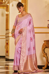 Classy Lavender Pure Zari Weaving Banarasi Silk Saree With Bewitching Blouse Piece