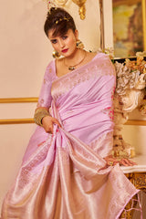Classy Lavender Pure Zari Weaving Banarasi Silk Saree With Bewitching Blouse Piece
