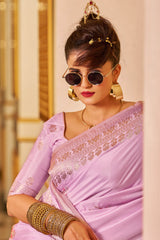Classy Lavender Pure Zari Weaving Banarasi Silk Saree With Bewitching Blouse Piece