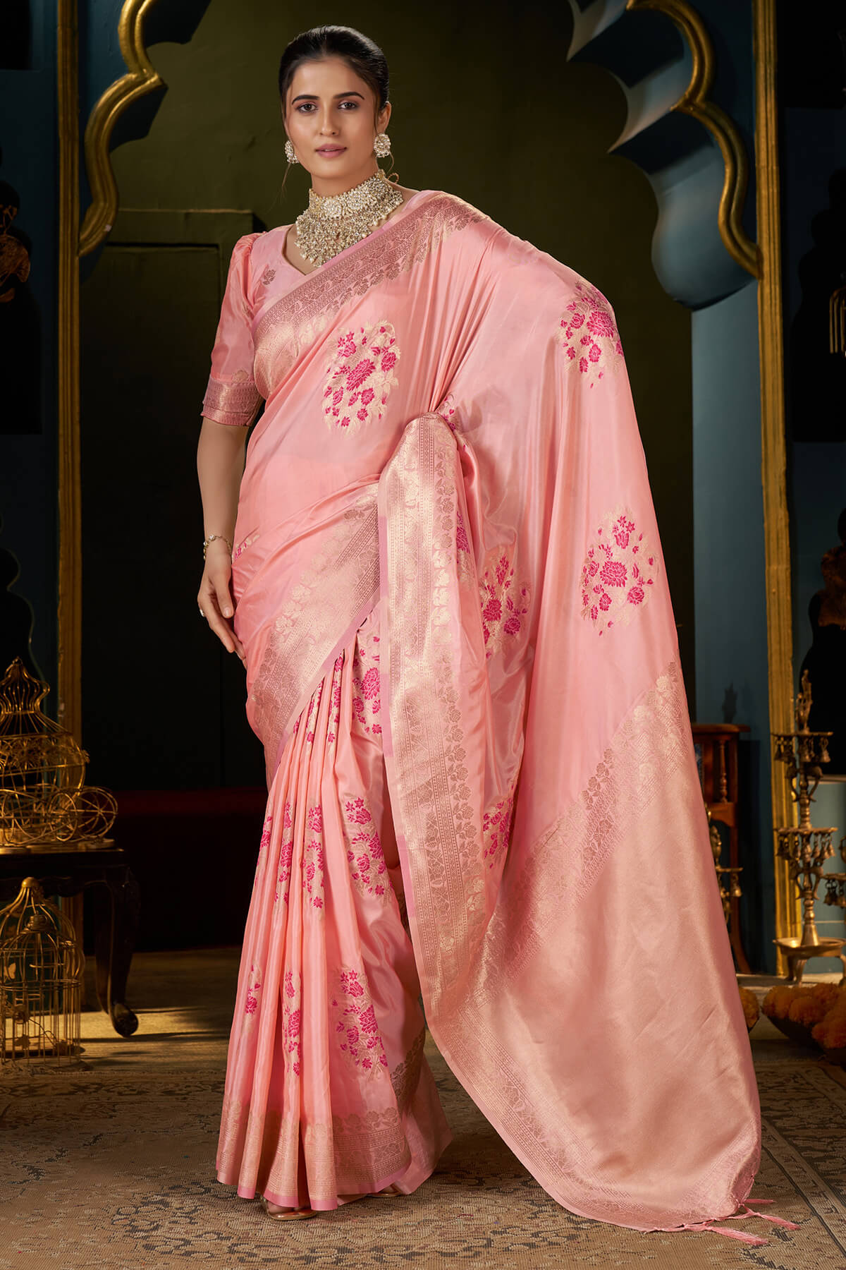 Embellished Peach Pure Zari Weaving Banarasi Silk Saree With Embrocation Blouse Piece