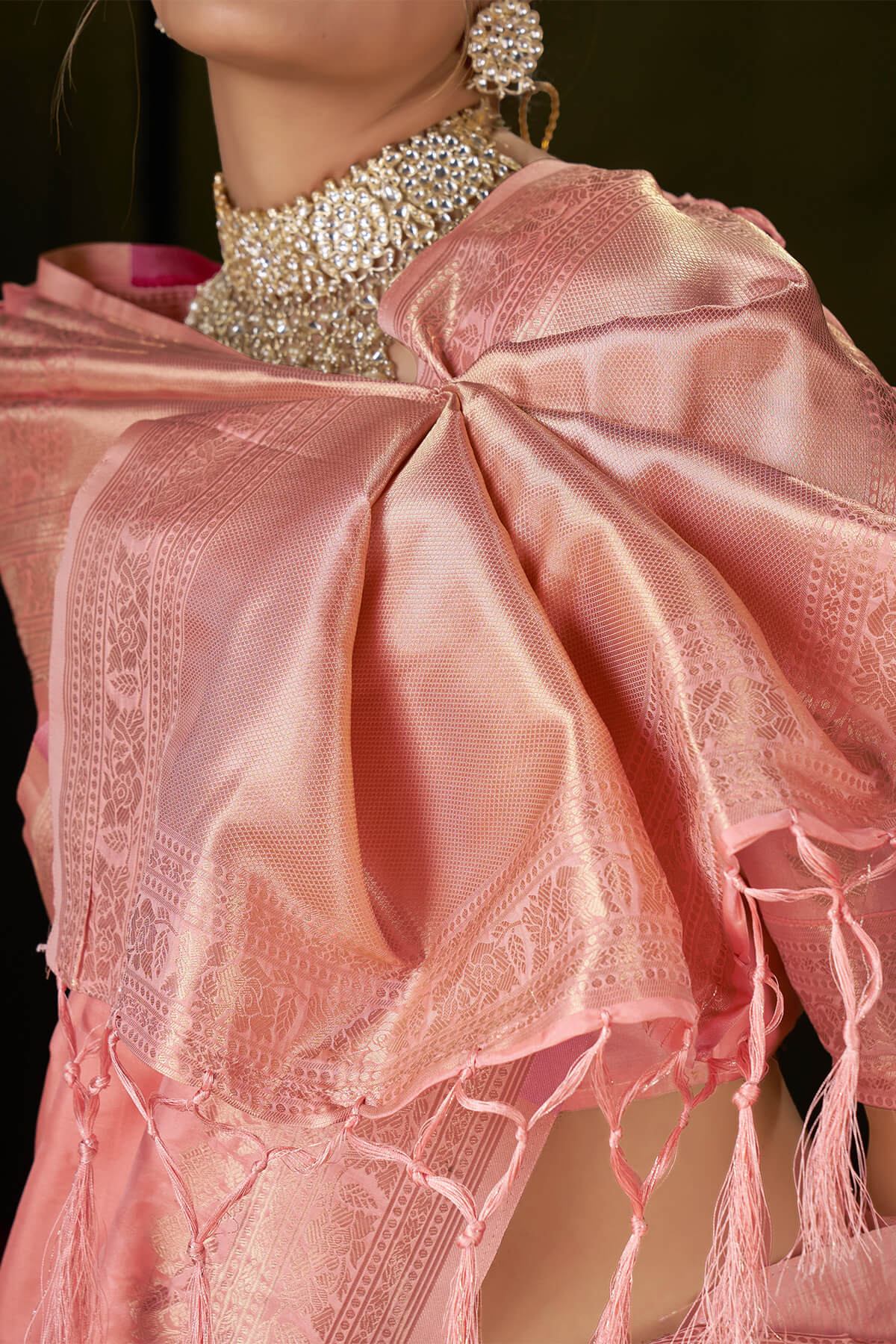 Embellished Peach Pure Zari Weaving Banarasi Silk Saree With Embrocation Blouse Piece