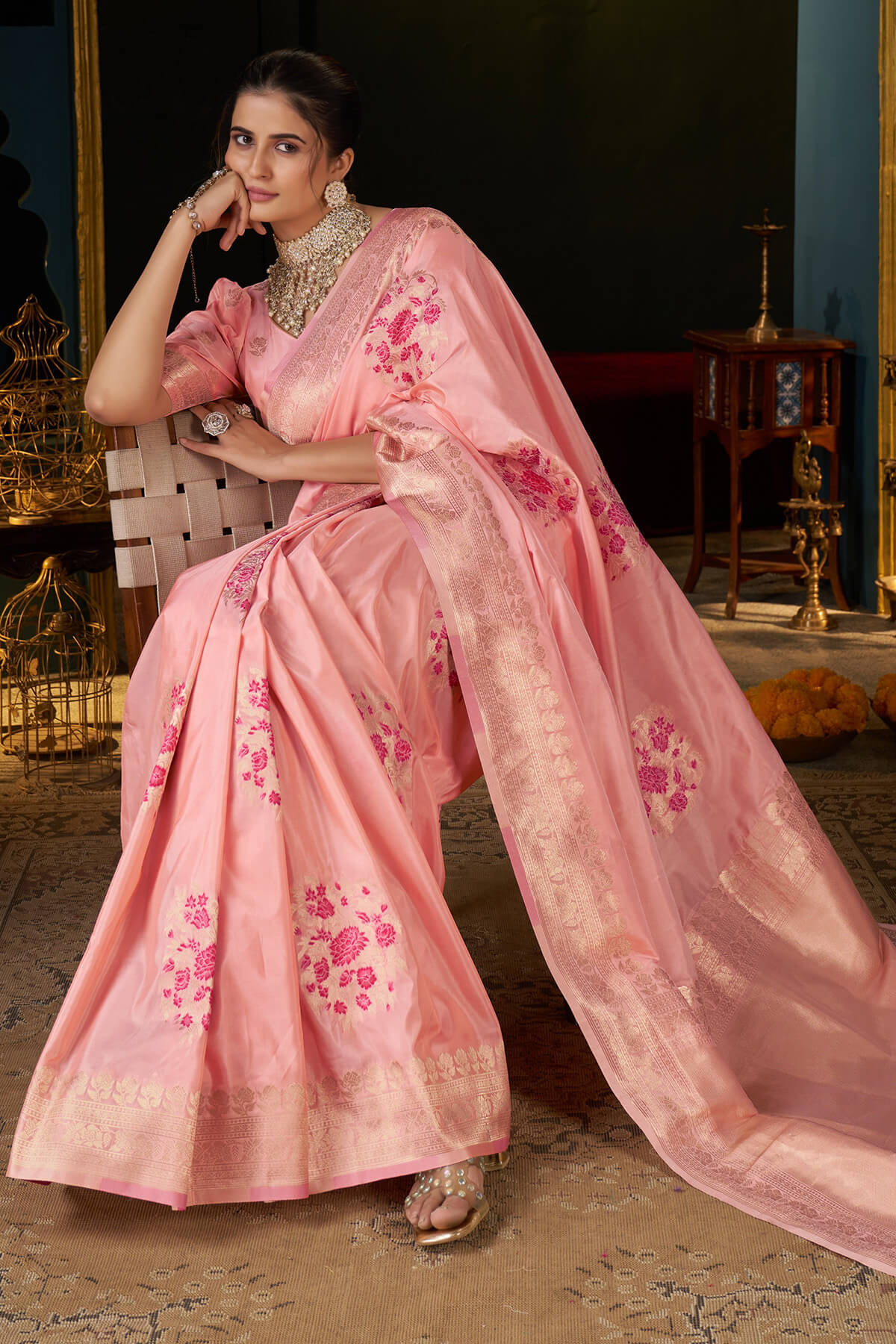 Embellished Peach Pure Zari Weaving Banarasi Silk Saree With Embrocation Blouse Piece