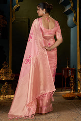 Embellished Peach Pure Zari Weaving Banarasi Silk Saree With Embrocation Blouse Piece