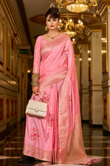 Glowing Pink Pure Zari Weaving Banarasi Silk Saree With Ineffable Blouse Piece