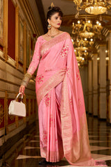 Glowing Pink Pure Zari Weaving Banarasi Silk Saree With Ineffable Blouse Piece