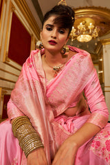Glowing Pink Pure Zari Weaving Banarasi Silk Saree With Ineffable Blouse Piece
