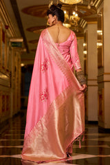 Glowing Pink Pure Zari Weaving Banarasi Silk Saree With Ineffable Blouse Piece