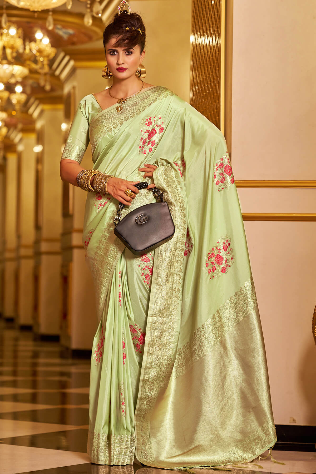 Whimsical Pista Pure Zari Weaving Banarasi Silk Saree With Snazzy Blouse Piece