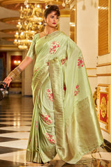 Whimsical Pista Pure Zari Weaving Banarasi Silk Saree With Snazzy Blouse Piece