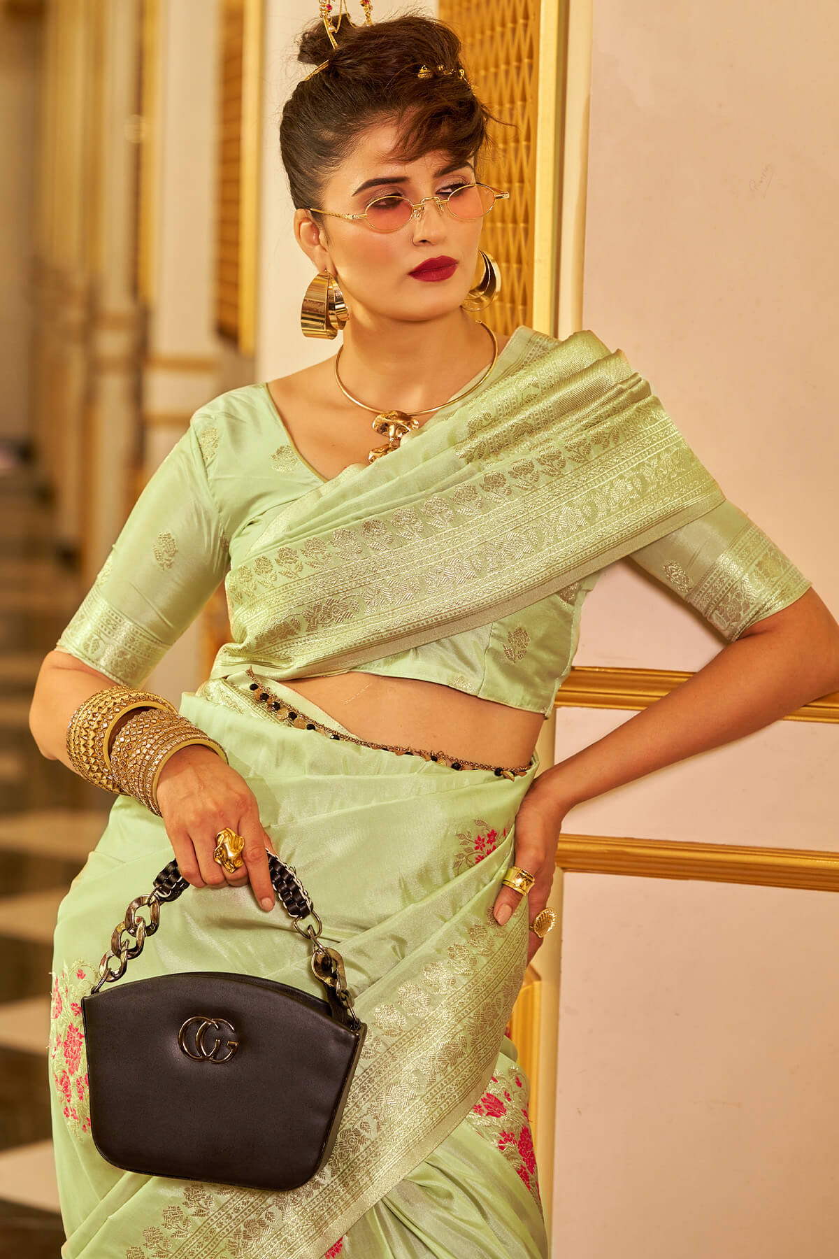 Whimsical Pista Pure Zari Weaving Banarasi Silk Saree With Snazzy Blouse Piece