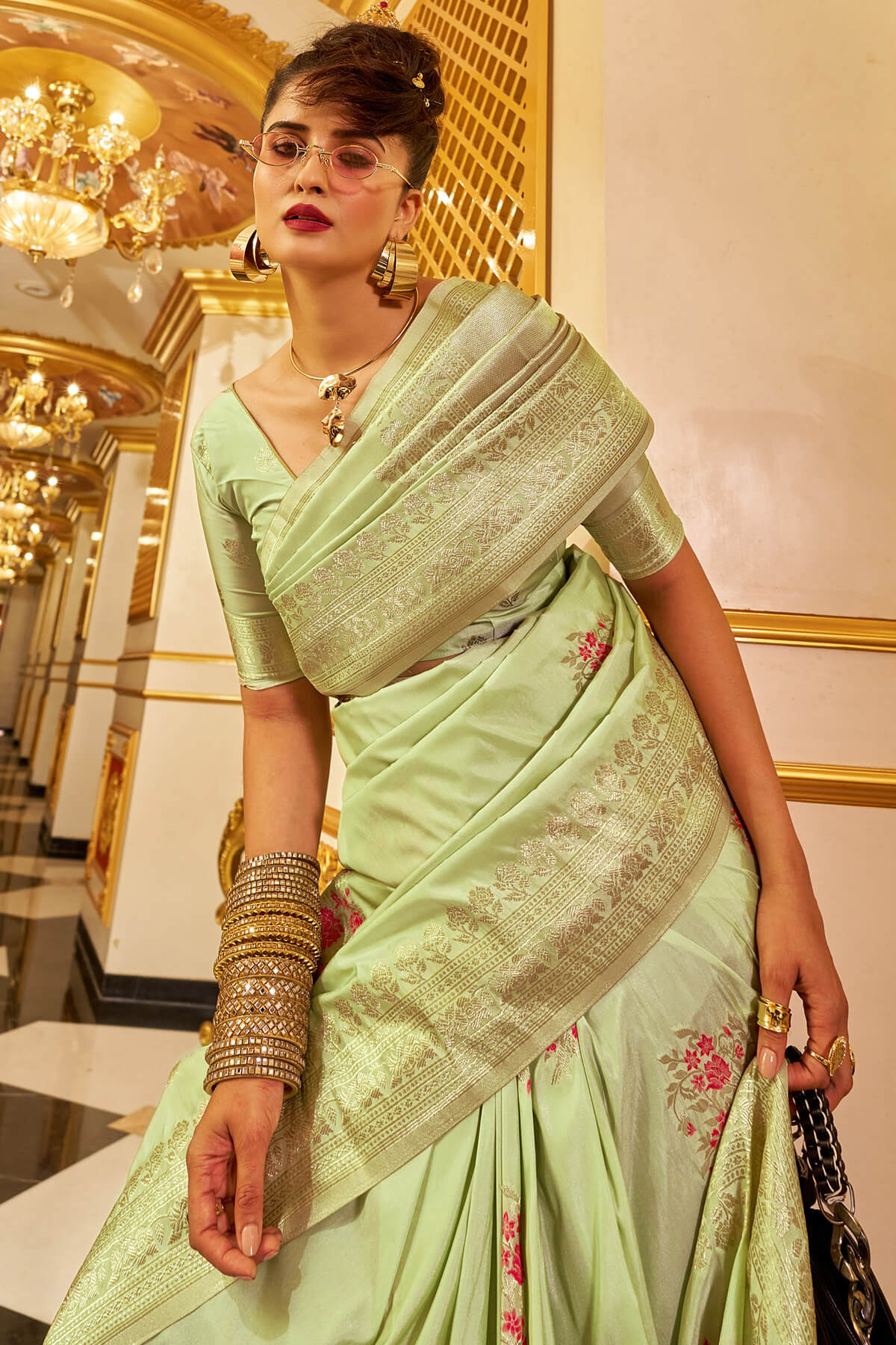 Whimsical Pista Pure Zari Weaving Banarasi Silk Saree With Snazzy Blouse Piece