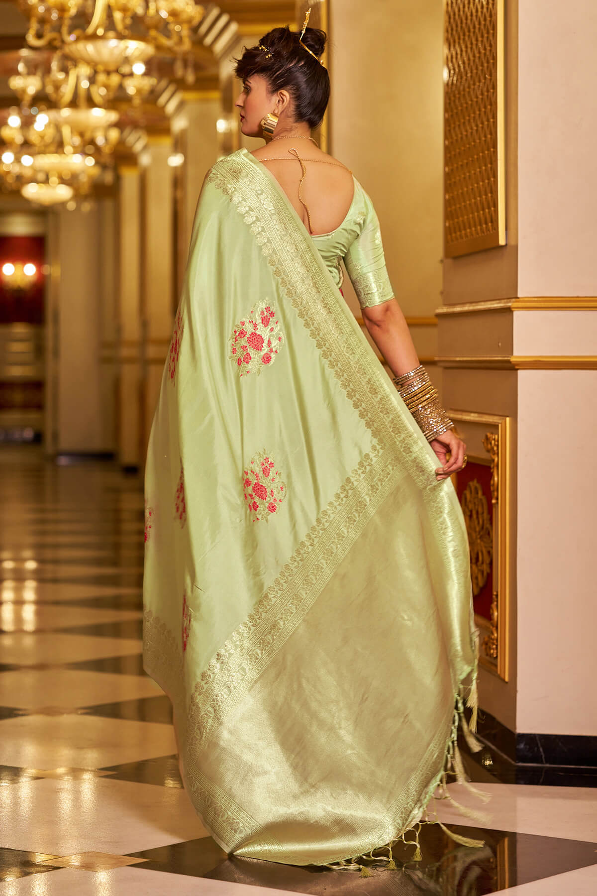 Whimsical Pista Pure Zari Weaving Banarasi Silk Saree With Snazzy Blouse Piece