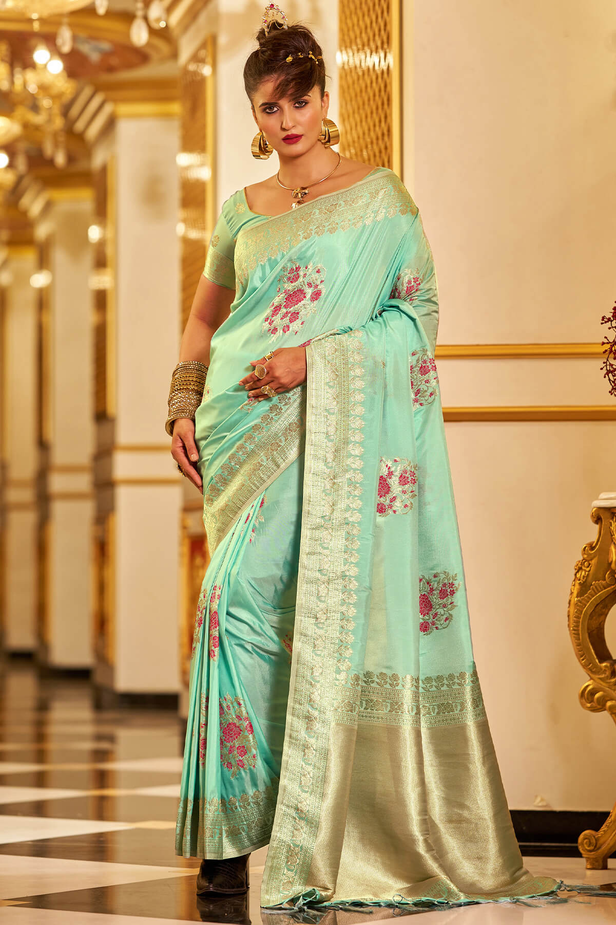 Propinquity Sea Green Pure Zari Weaving Banarasi Silk Saree With Zephyr Blouse Piece