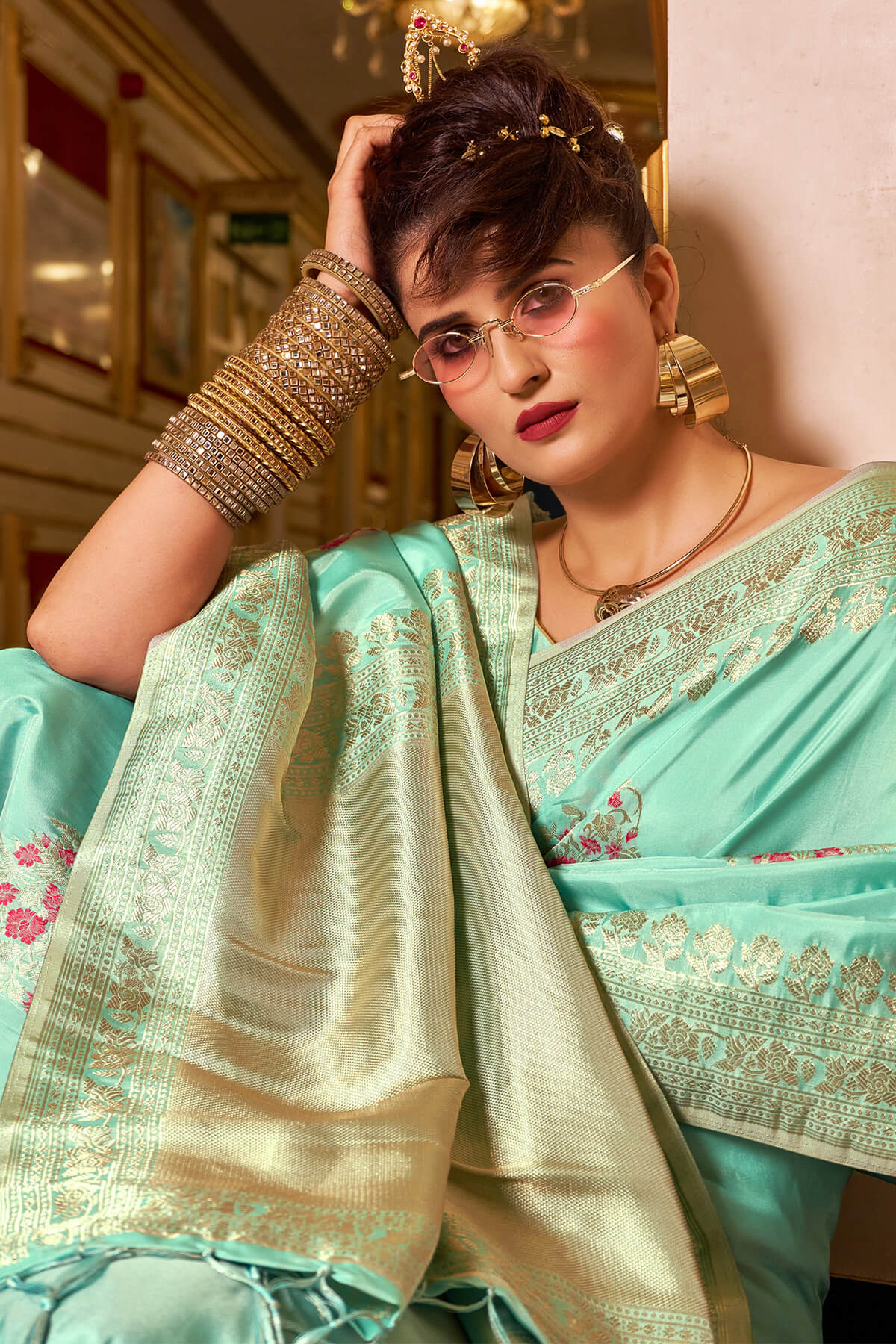 Propinquity Sea Green Pure Zari Weaving Banarasi Silk Saree With Zephyr Blouse Piece
