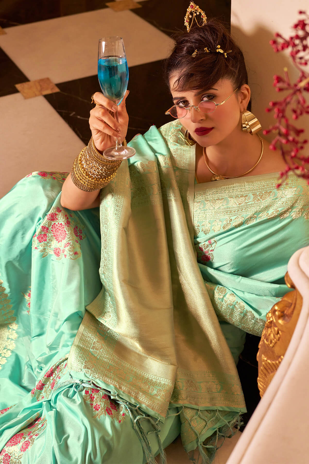 Propinquity Sea Green Pure Zari Weaving Banarasi Silk Saree With Zephyr Blouse Piece