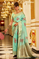 Propinquity Sea Green Pure Zari Weaving Banarasi Silk Saree With Zephyr Blouse Piece