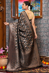 Imbrication Black Kanjivaram Silk Saree With Fantabulous Blouse Piece