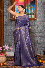 Breathtaking Navy Blue Kanjivaram Silk Saree With Adorable Blouse Piece