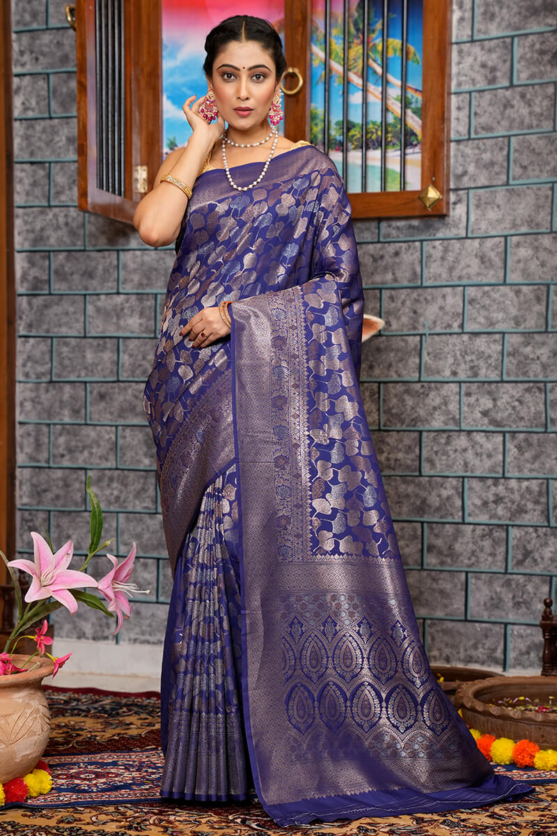 Breathtaking Navy Blue Kanjivaram Silk Saree With Adorable Blouse Piece