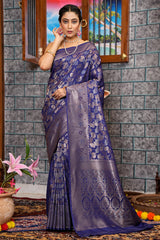 Breathtaking Navy Blue Kanjivaram Silk Saree With Adorable Blouse Piece