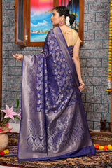 Breathtaking Navy Blue Kanjivaram Silk Saree With Adorable Blouse Piece