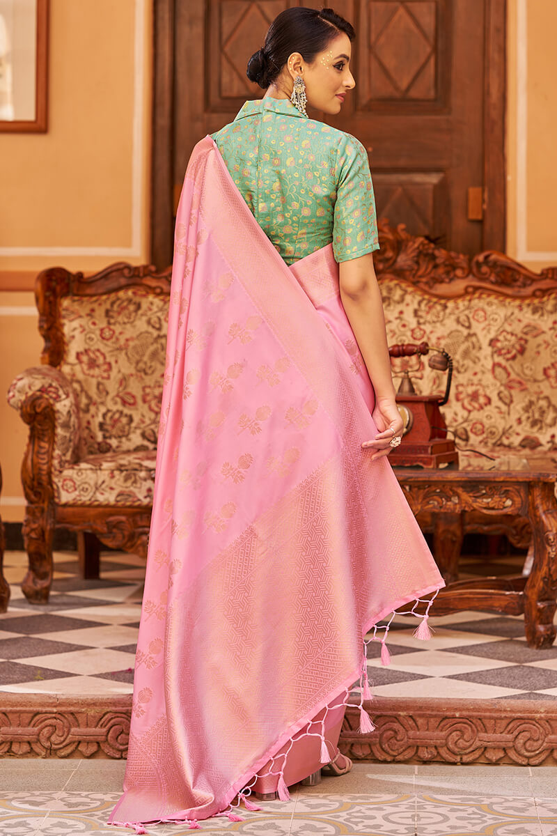 Ineffable Baby Pink Banarasi Satin Silk Saree With Charismatic Blouse