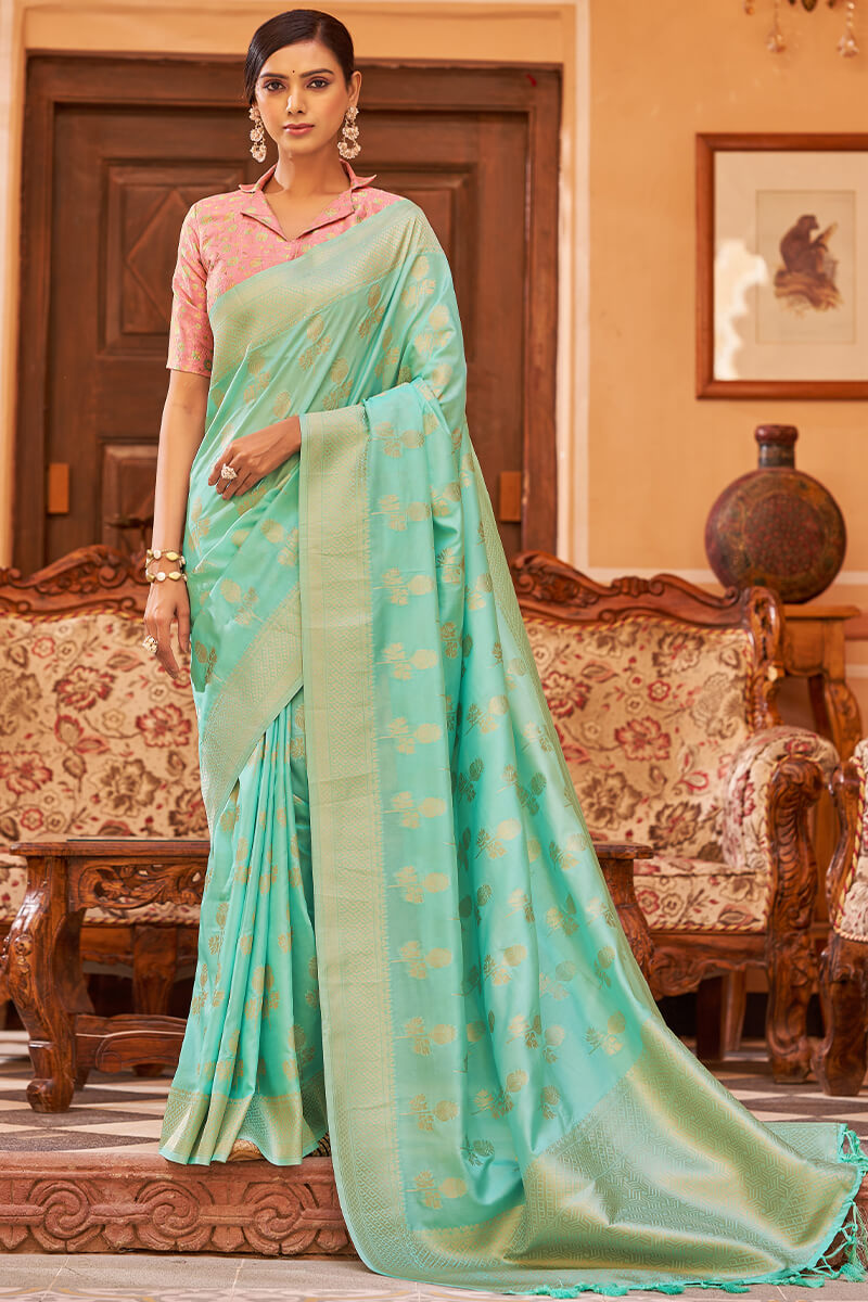 Proficient Turquoise Banarasi Satin Silk Saree With Palimpsest Blouse