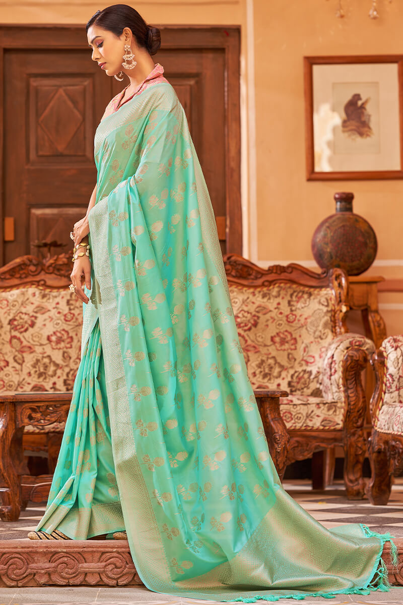 Proficient Turquoise Banarasi Satin Silk Saree With Palimpsest Blouse