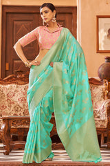 Proficient Turquoise Banarasi Satin Silk Saree With Palimpsest Blouse