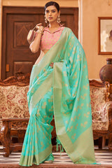 Proficient Turquoise Banarasi Satin Silk Saree With Palimpsest Blouse