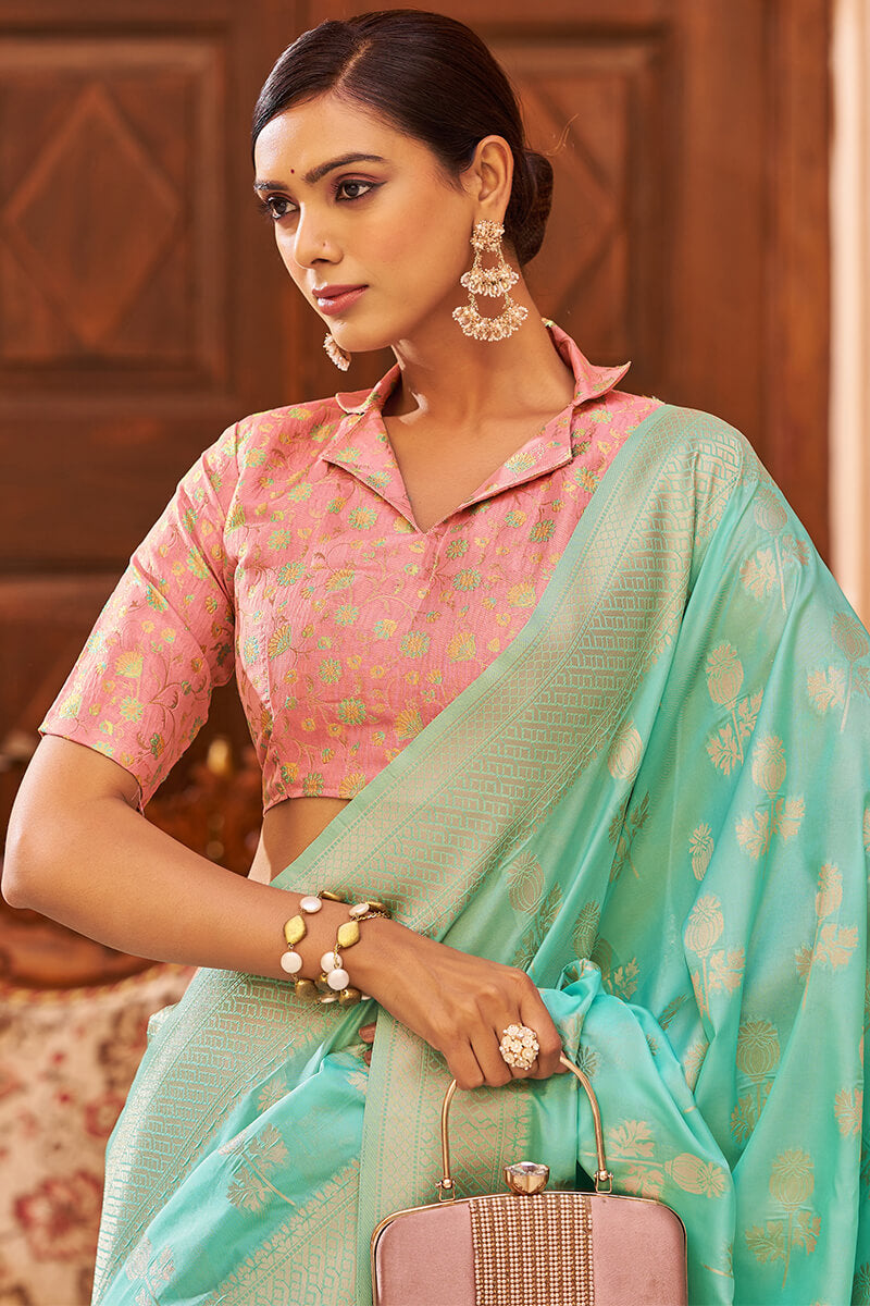 Proficient Turquoise Banarasi Satin Silk Saree With Palimpsest Blouse
