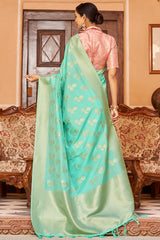 Proficient Turquoise Banarasi Satin Silk Saree With Palimpsest Blouse