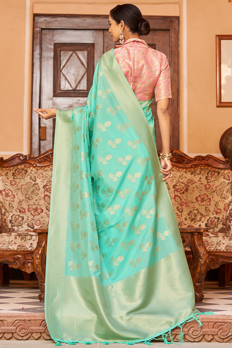 Proficient Turquoise Banarasi Satin Silk Saree With Palimpsest Blouse