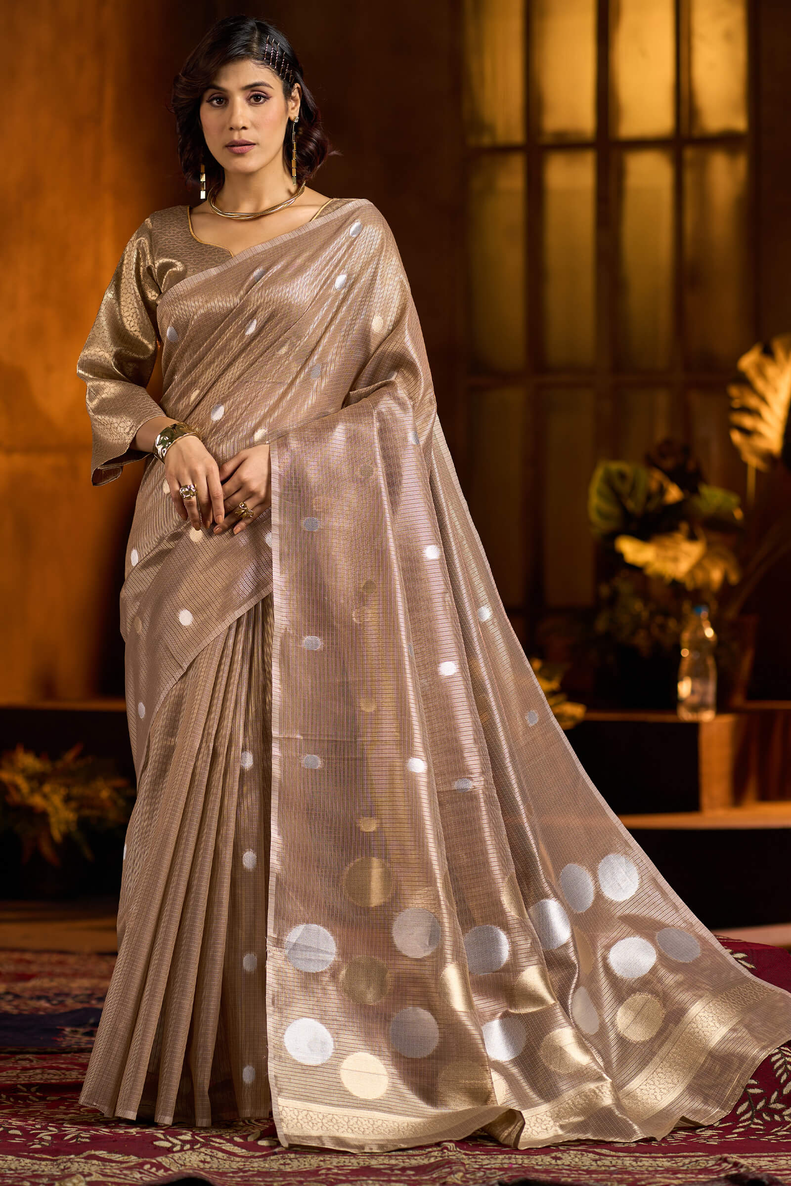 Flameboyant Brown Soft Banarasi Tissue Silk Saree With Propinquity Blouse Piece