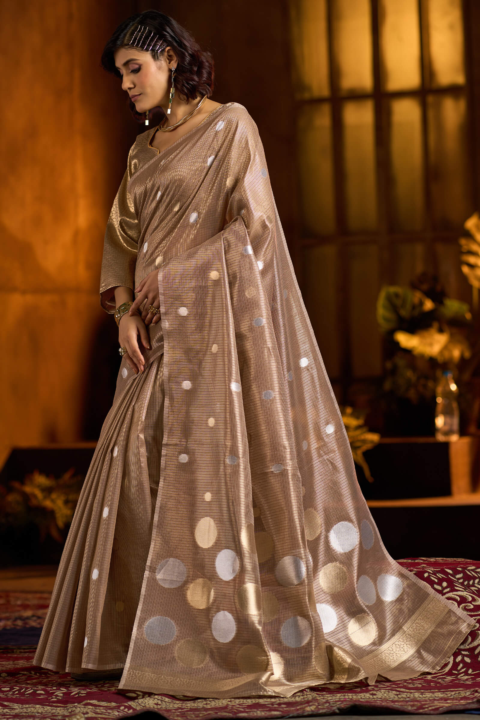 Flameboyant Brown Soft Banarasi Tissue Silk Saree With Propinquity Blouse Piece