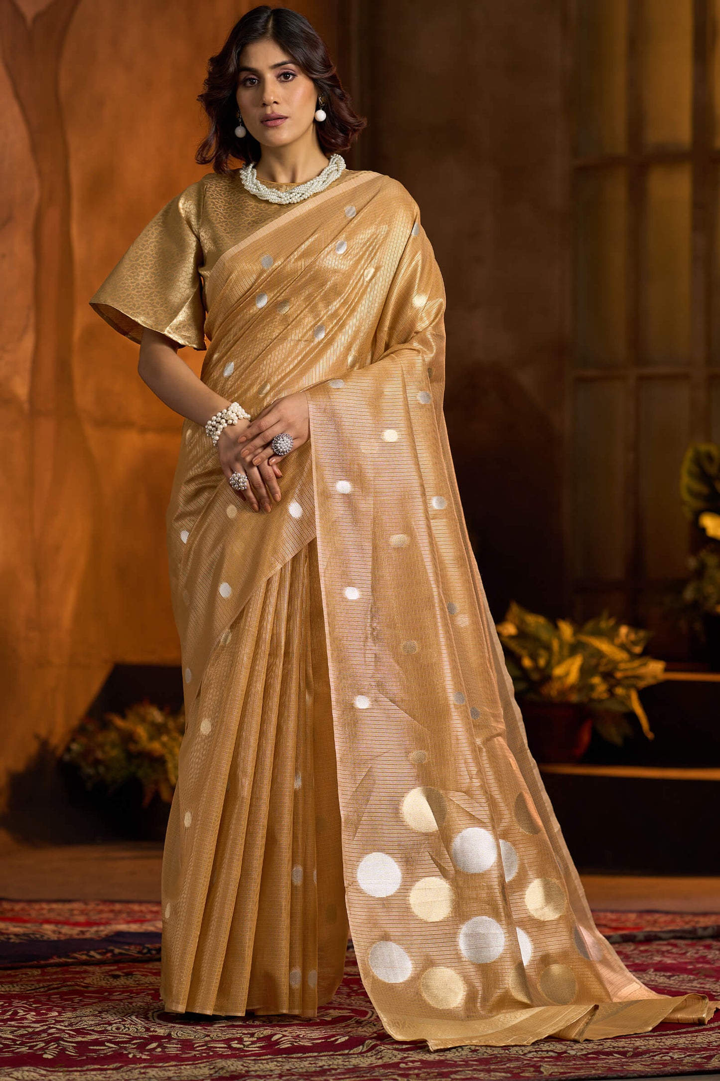 Intricate Golden Soft Banarasi Tissue Silk Saree With Exceptional Blouse Piece