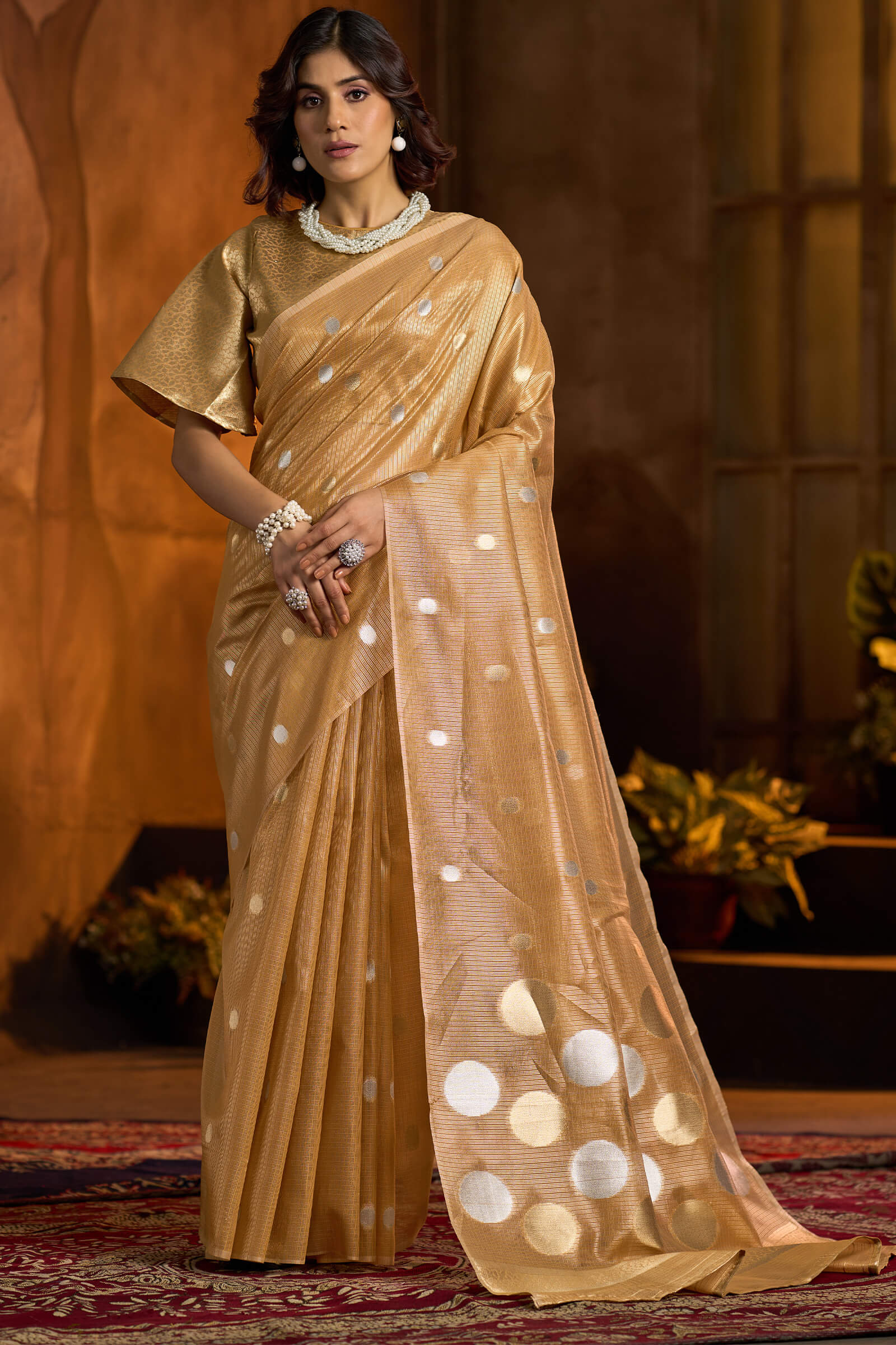 Intricate Golden Soft Banarasi Tissue Silk Saree With Exceptional Blouse Piece